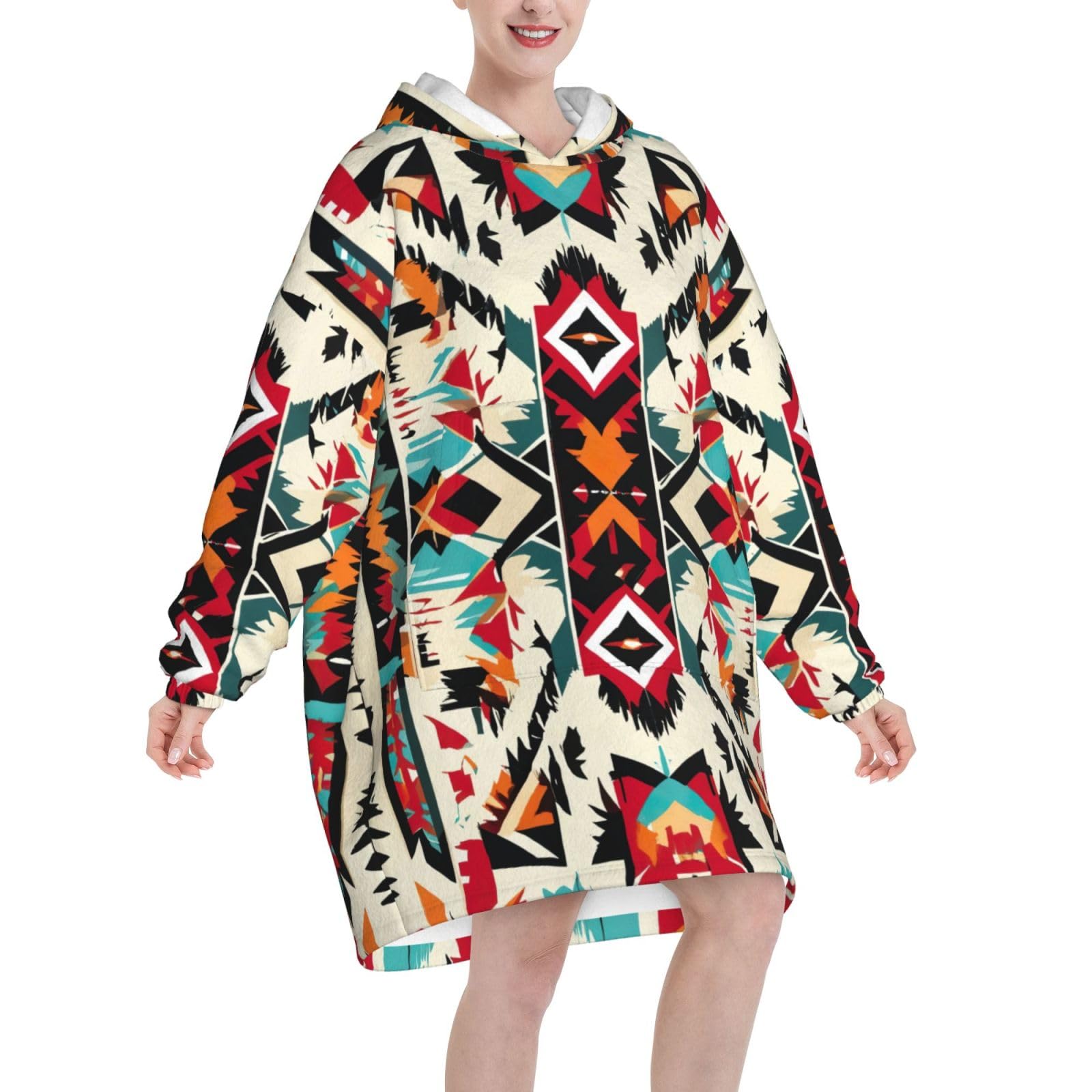 Native American wzór nadruk ciepły i przytulny koc do noszenia, gruby flanelowy koc z kapturem z rękawami i ogromną kieszenią