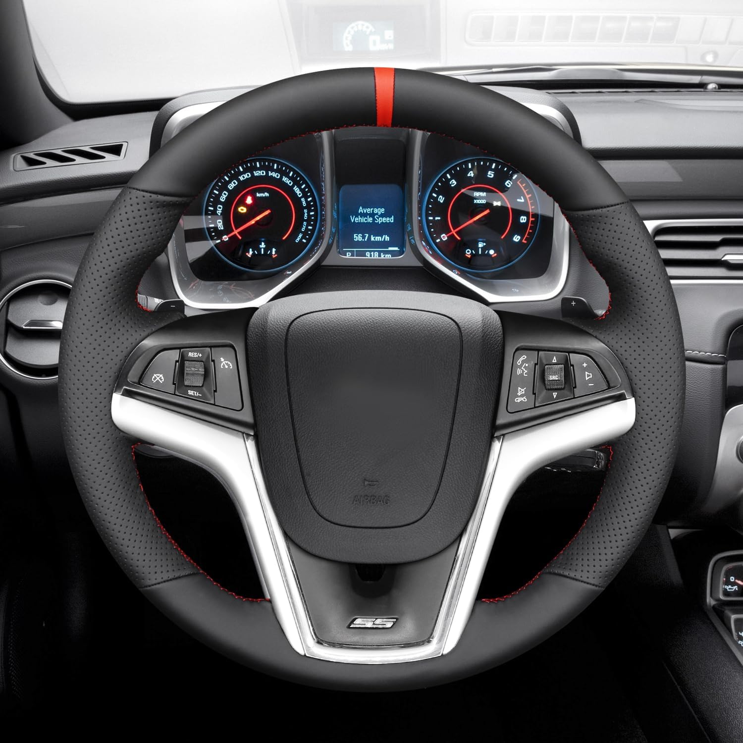 MEWANT Steering Wheel Cover for Chevy Camaro Steering Wheel Cover 2012-2015 Hand-Stitched for Camaro Accessories Genuine Leather Car Steering Wrap