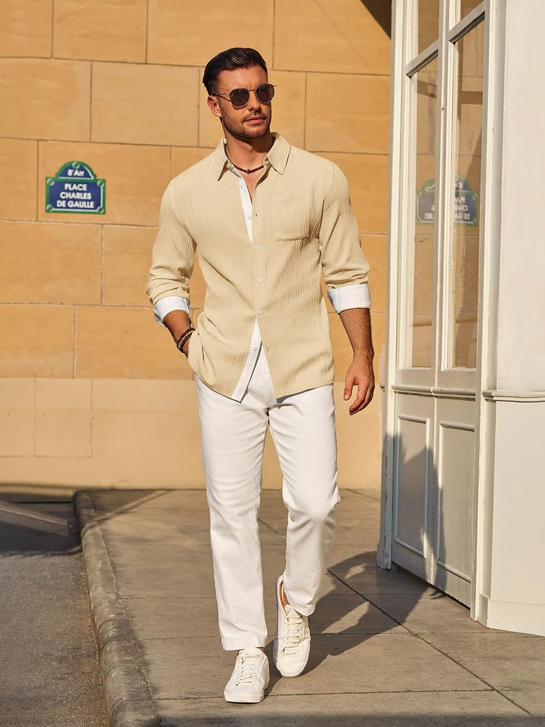 Yousify Mens Button Down Shirts Long Sleeve Casual Textured Dress Shirt Wrinkle-Free Beach Tops with Pocket - Image 4