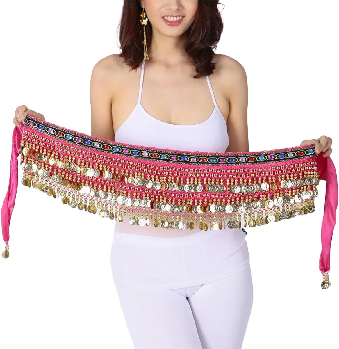 Belly Dance Hip Scarf, Black Chiffon with Coins and Beads, Adjustable Waist Wrap for Dance Practice Performance