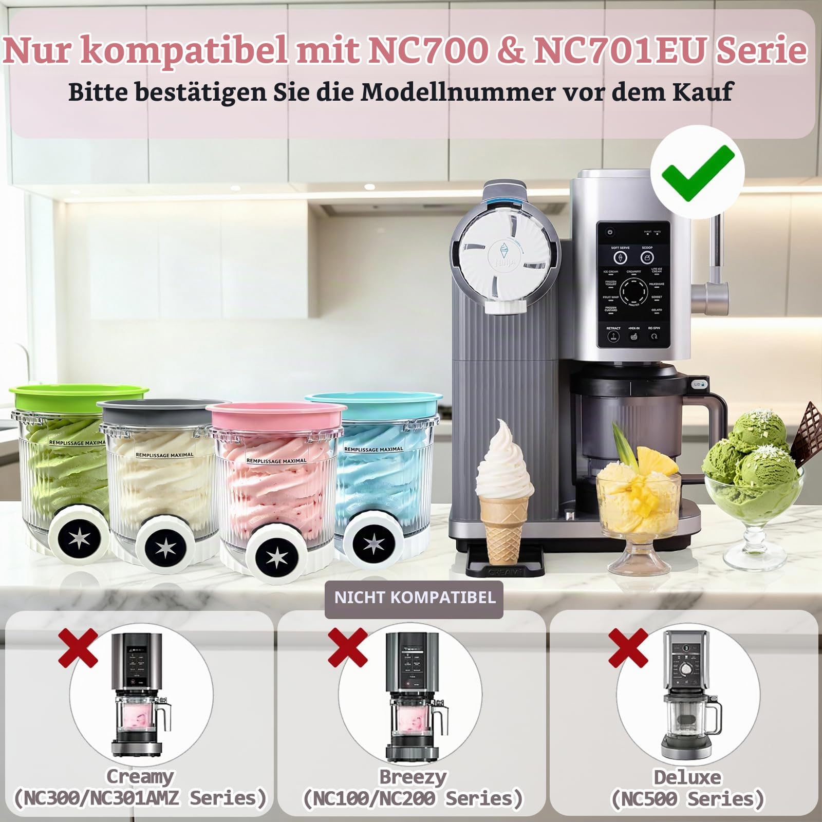 4 Stück Behälter für Ninja Creami Swirl, 480 ML Eiscremebehälter Eismaschine Zubehör mit NC700 NC701 EU Serie Eisbehälter Spülmaschinenfest und BPA-frei(4-teiliges Set-Grau+Blau+Grün+Rosa)
