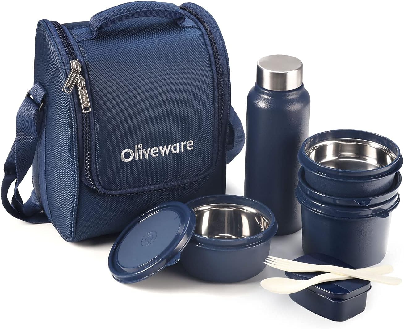 SOPL-OLIVEWARE Teso Lunch Box with Plastic Cutlery, 3 Microwave Safe Inside Containers with BPA Free Lids (290ml, 450ml & 600ml), Plastic Pickle Box (130ml), Steel Water Bottle(750ml) - Blue