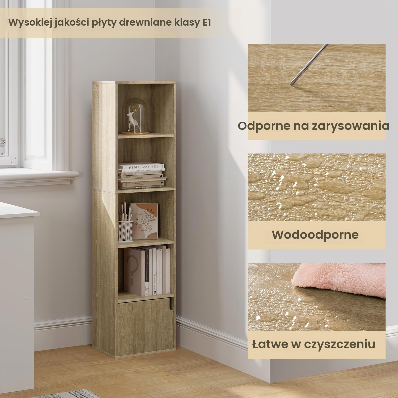 eSituro Regał na książki dla dzieci, wąski regał z drzwiami, 5 półek, regał stojący, regał w kształcie kostki, do salonu, sypialni, biura, jasny dąb