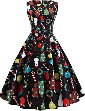 Christmas Dresses for Women Vintage Sleeveless Cocktail Dress Christmas Tree Santa Snow Printed Xmas Party Swing Dress