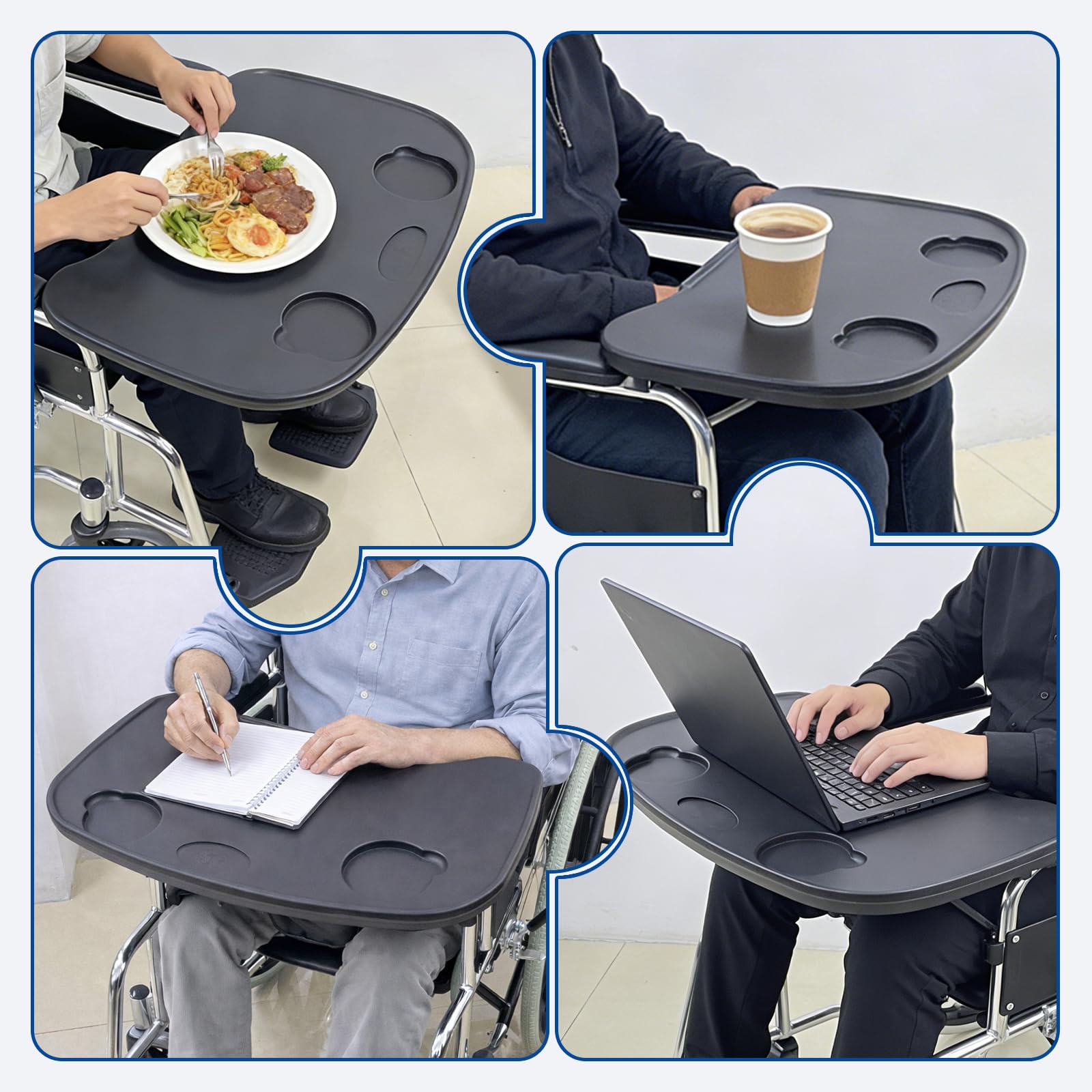 Rollstuhl-Tablett mit Getränkehalter, abnehmbarer Rollstuhl-Schreibtisch, Knietafel für Krankenpfleger, Esshilfe, passend für Rollstuhlarme mit Abstand von 40,6 cm und 50,8 cm, Schwarz