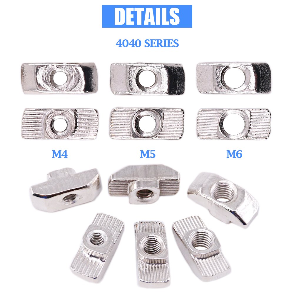 Glarks 100-Pieces 4040 Series European T Nut Assortment Kit, M3 M4 M5 Hammer Head Drop in T Slot Nuts for 40 Series Aluminum Profile - Nickel Plated Carbon Steel