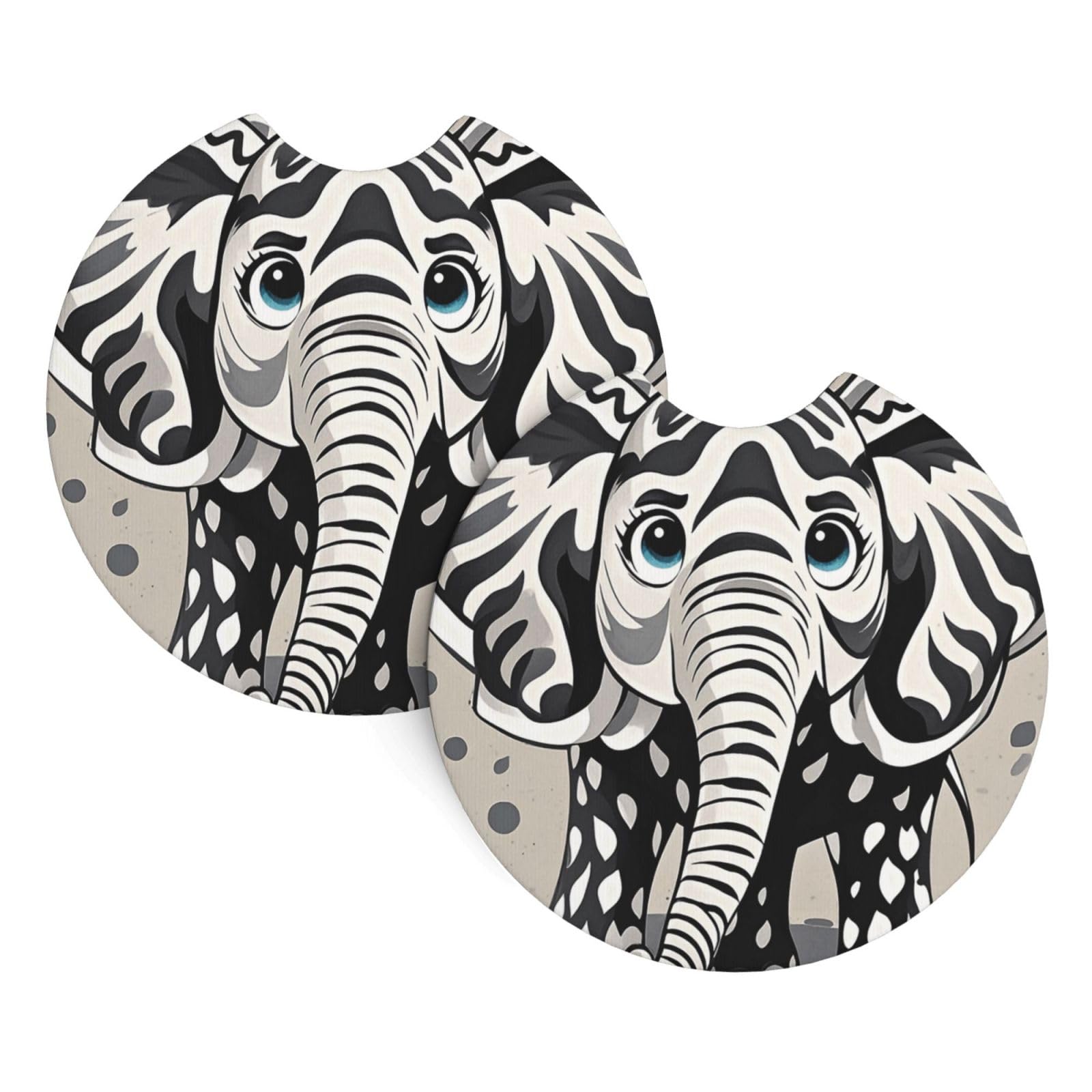 2 Pack Car Coaster for Cup Holders Black and White Elephant Car Cup Coaster 2.7" Neoprene Non-Slip Automotive Cup Mat Universal Auto Car Interior Accessories for Women Men Cup Pad