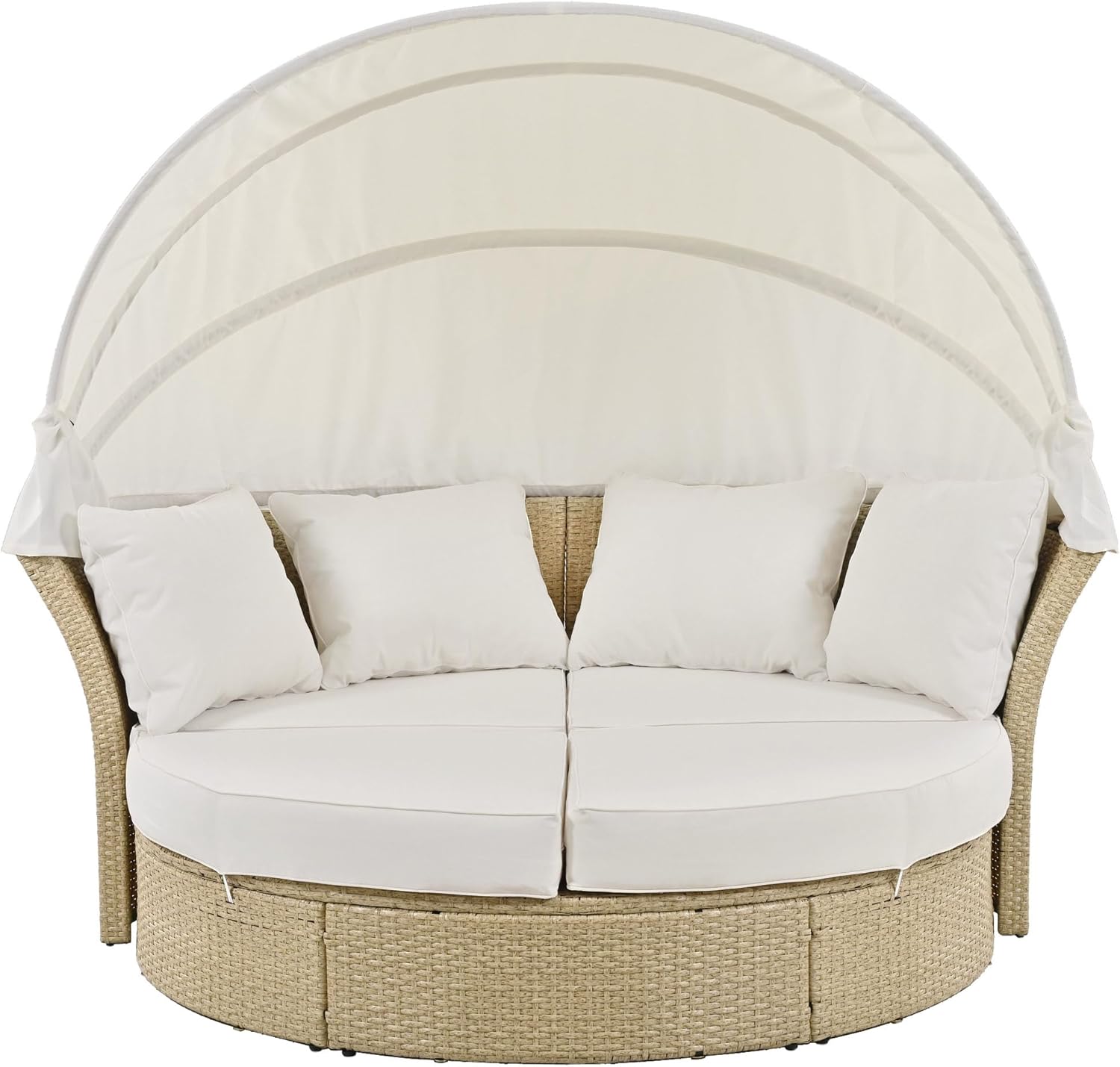 Outdoor Patio Daybed, Convertible Round Wicker Rattan Loveseat, 2-Person Sofa Bed with Retractable Canopy & Cushions for Lawn Garden Backyard Poolside, Weather-Resistant, Beige