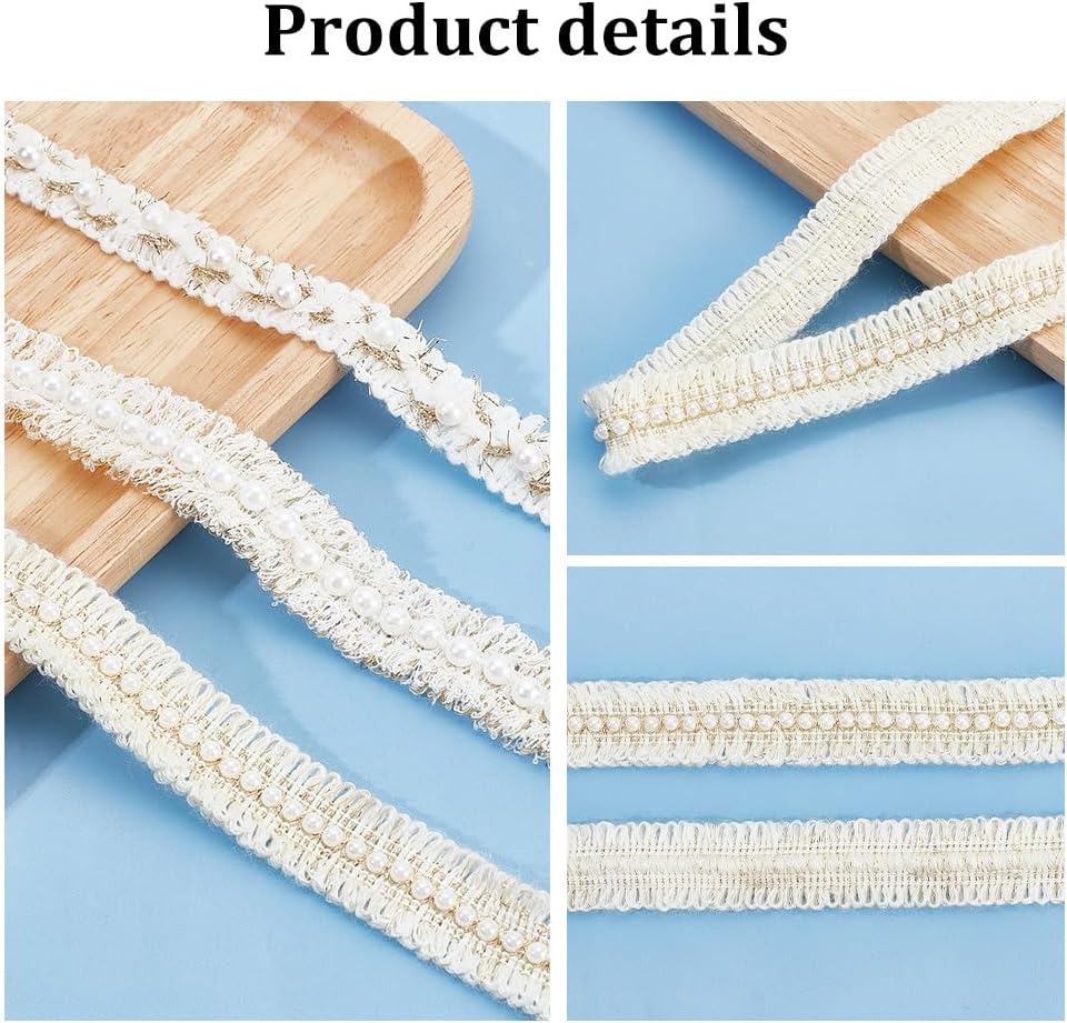 PH PandaHall 6 Yards 3 Styles Braided Lace Ribbons with Pearl, 5/8~3/4 Inch Wide Pearl Beaded Trim Cord Polyester Fabric Lace Upholstery Trim for Costume DIY Crafts Sewing Wedding Dress