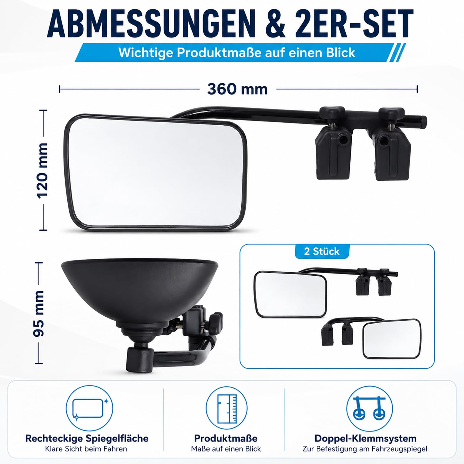 Gekufa 2 Stück Wohnwagenspiegel universal, einstellbar außenspiegel wohnwagen, wohnwagen spiegel auto für alle gängigen Fahrzeuge, Autos, Wohnwagen, Whnwagen