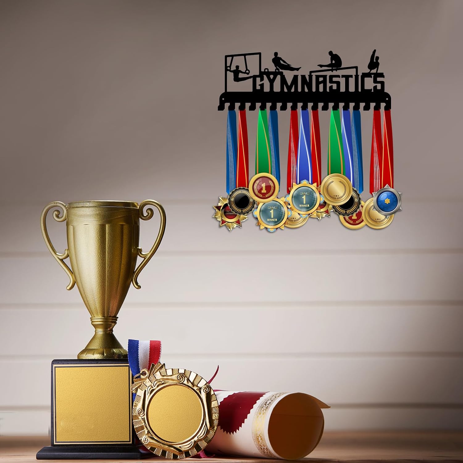 PH PandaHall Gymnastics Medal Hanger, Medal Display Holder Hanger 17 Hooks Metal Medal Rack Frame Sport Awards Ribbon Holder Personalized Wall Mount Tiered Award Rack for Medals Athletes Men Women