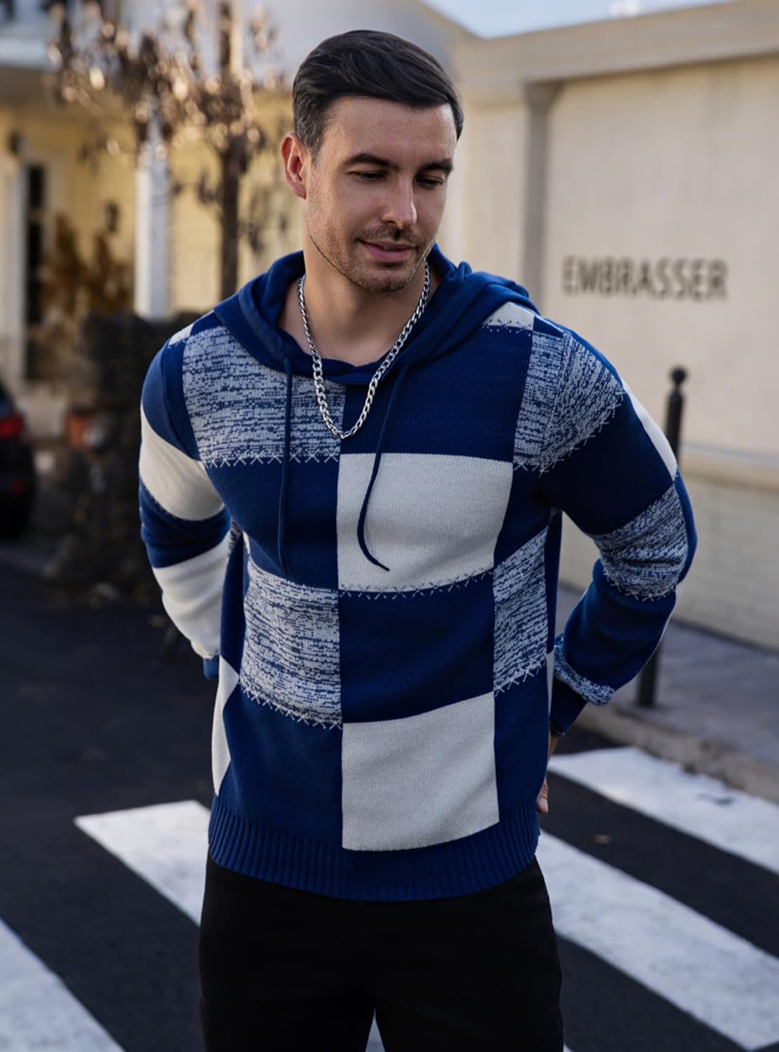 Men's Checkerboard Hooded Sweater Color-Block Hoodie Waffle-Knit Textured Pullover Casual Retro Streetwear