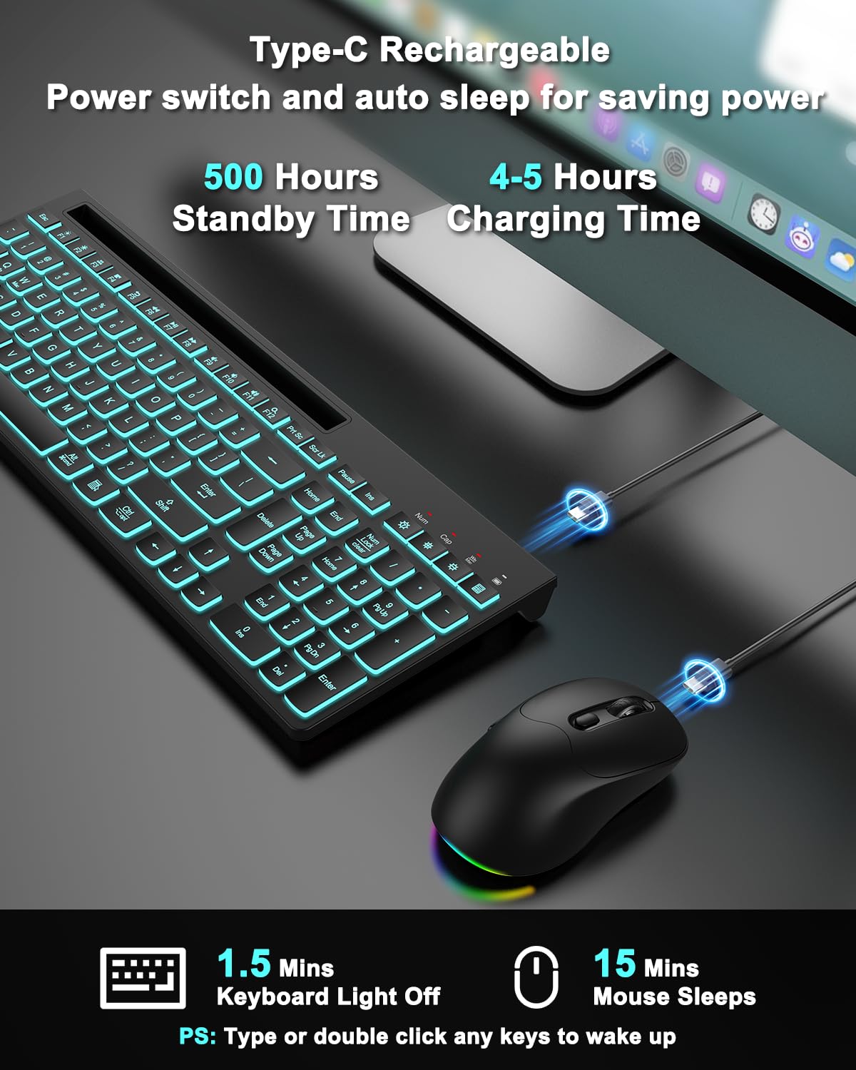 Tastiera wireless e mouse combinata, 7 effetti retroilluminati, lettere illuminate, ricaricabile, supporto per telefono, mouse a 6 pulsanti, angolo di inclinazione ergonomico, mouse USB silenzioso da