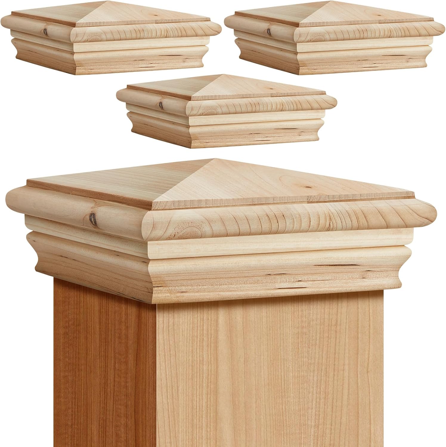 Geetery 4 Pcs 4 x 4 Wood Newel Post Cap Fence Post Cap for Fence Topper Top Resistant Decking Caps for Outdoor Fences, Mailboxes and Decks (Cedar Wood)