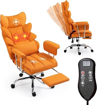 Massage Office Chair 500lbs, Comfortable Big and Tall Gaming Chair with Adjustable Height Headrest and Waist Lumber, Ergonomic Office Chair with Footrest, PU Leather, 4-Stage Air Rod Orange
