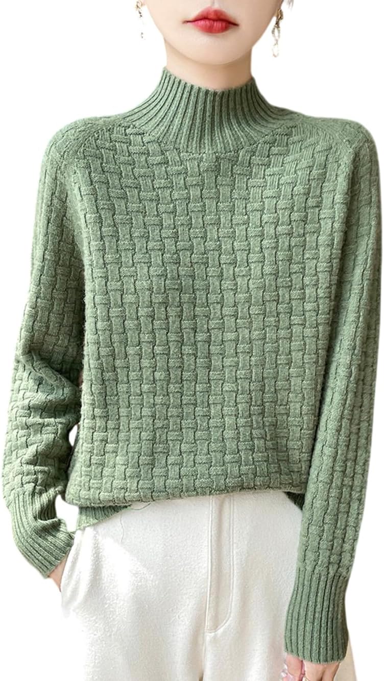 100% Merino Wool Sweaters for Women's Fall Winter Knitted Thick Pullover Long Sleeves Loose Warm Turtleneck(WQ703)