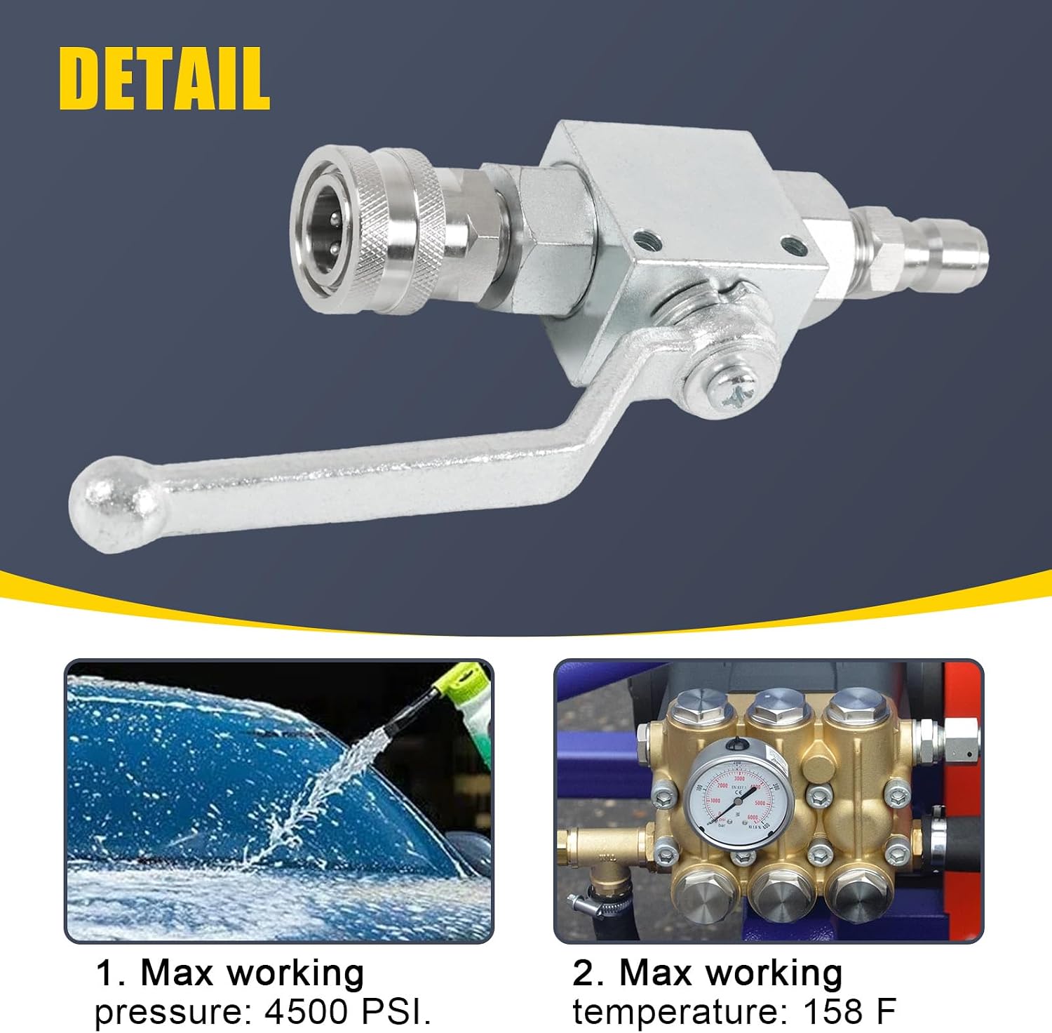 Ball Valve for High Pressure Washer Hose Kit with 3/8 Inch Male Coupler Plug & 3/8" Female Quick Connect ; 4,500 PSI Max Working Pressure ; Includes replacement Quick Connect and Teflon Tape