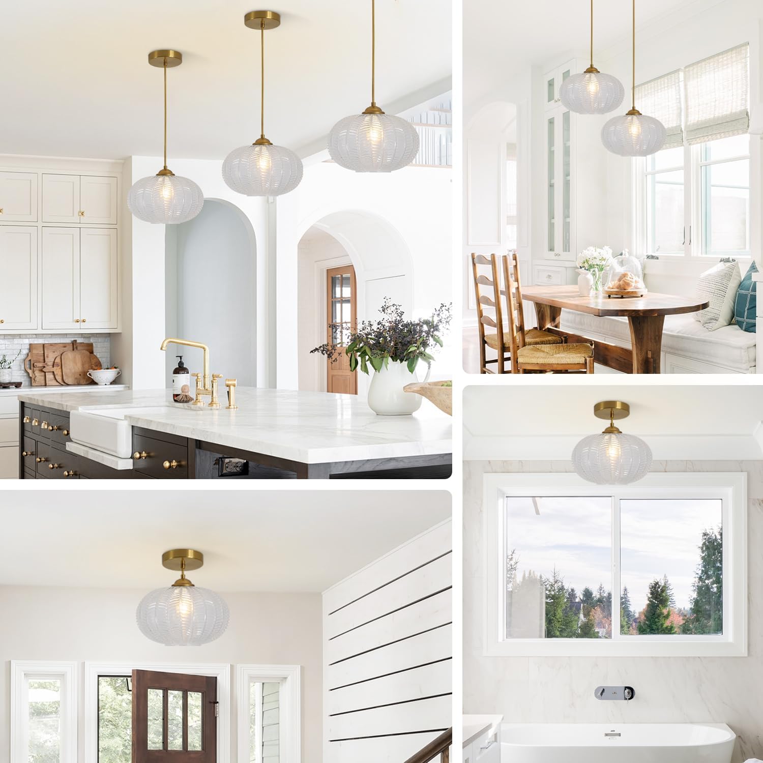 Mid Century Modern Single Clear Glass Pendant Lights Kitchen Island Large Brushed Gold Hanging Light Vintage Antique Brass Round Pendant Lighting for Entryway Dining Room Foyer MPL36C-A