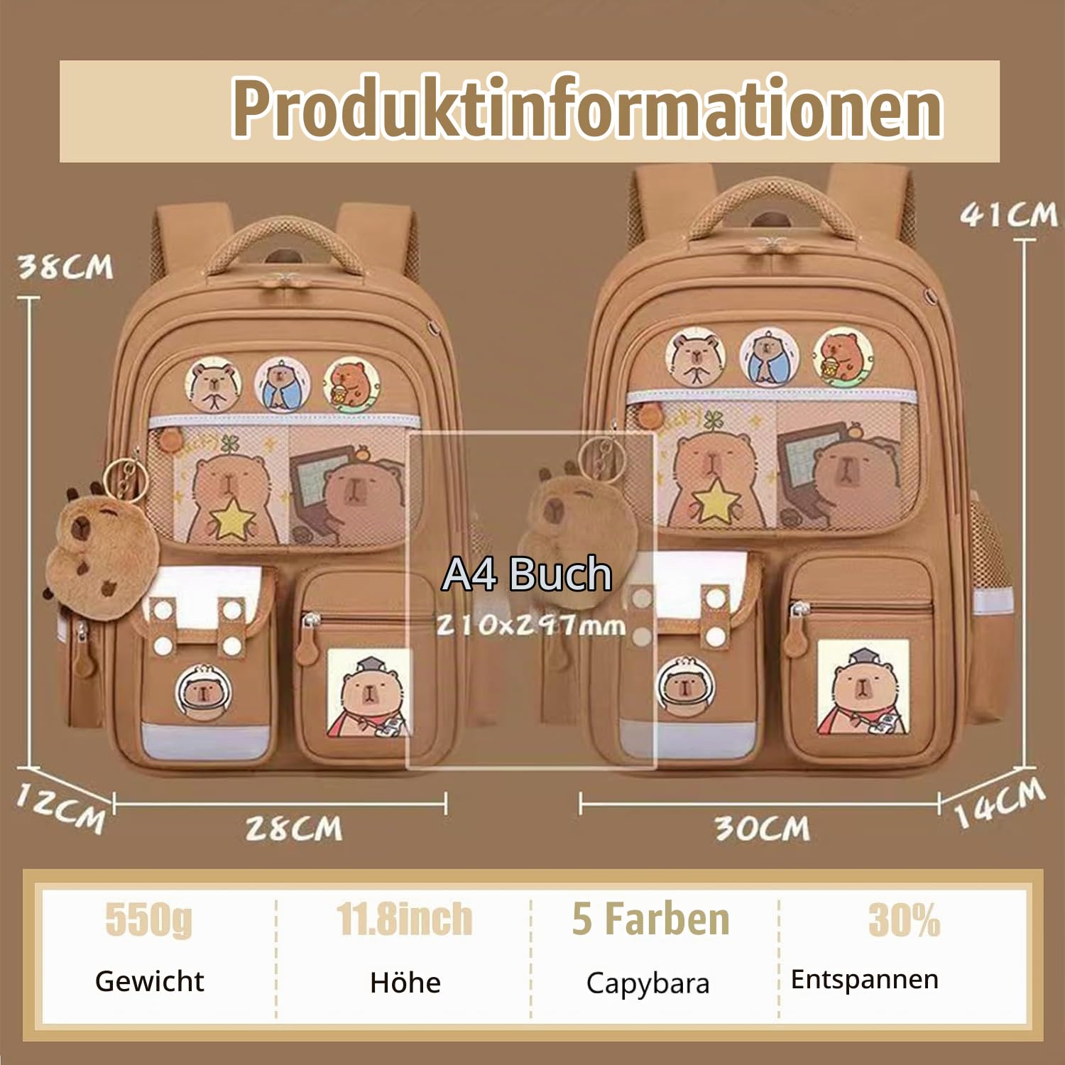 Capybara-Rucksack für Mädchen und Jungen mit gepolsterten Trägern und mehreren Fächern, Capybara-Schultasche mit Lunchtasche und Schreibwarenset, Geschenk für Teenager und Schüler