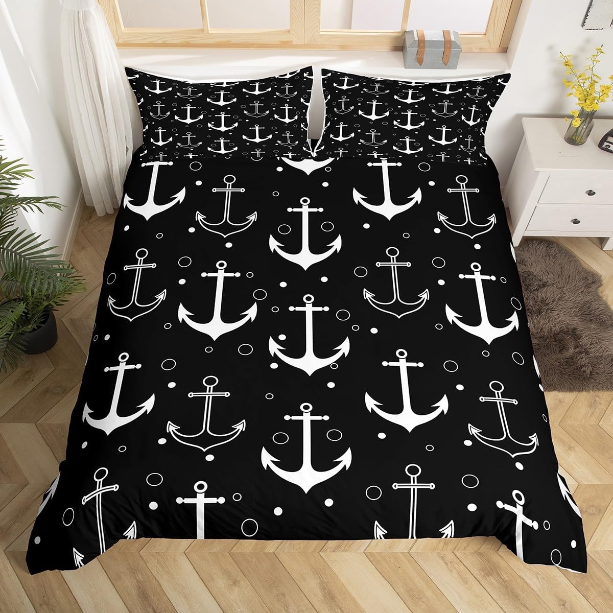 Anchor Duvet Cover Queen Size Black and White Comforter Cover with 2 Pillowcase for Teens Adults Kids Nautical Theme Bedding Set Anchor and Polka Dots Breathable Decorative Bed Cover(No Comforter)