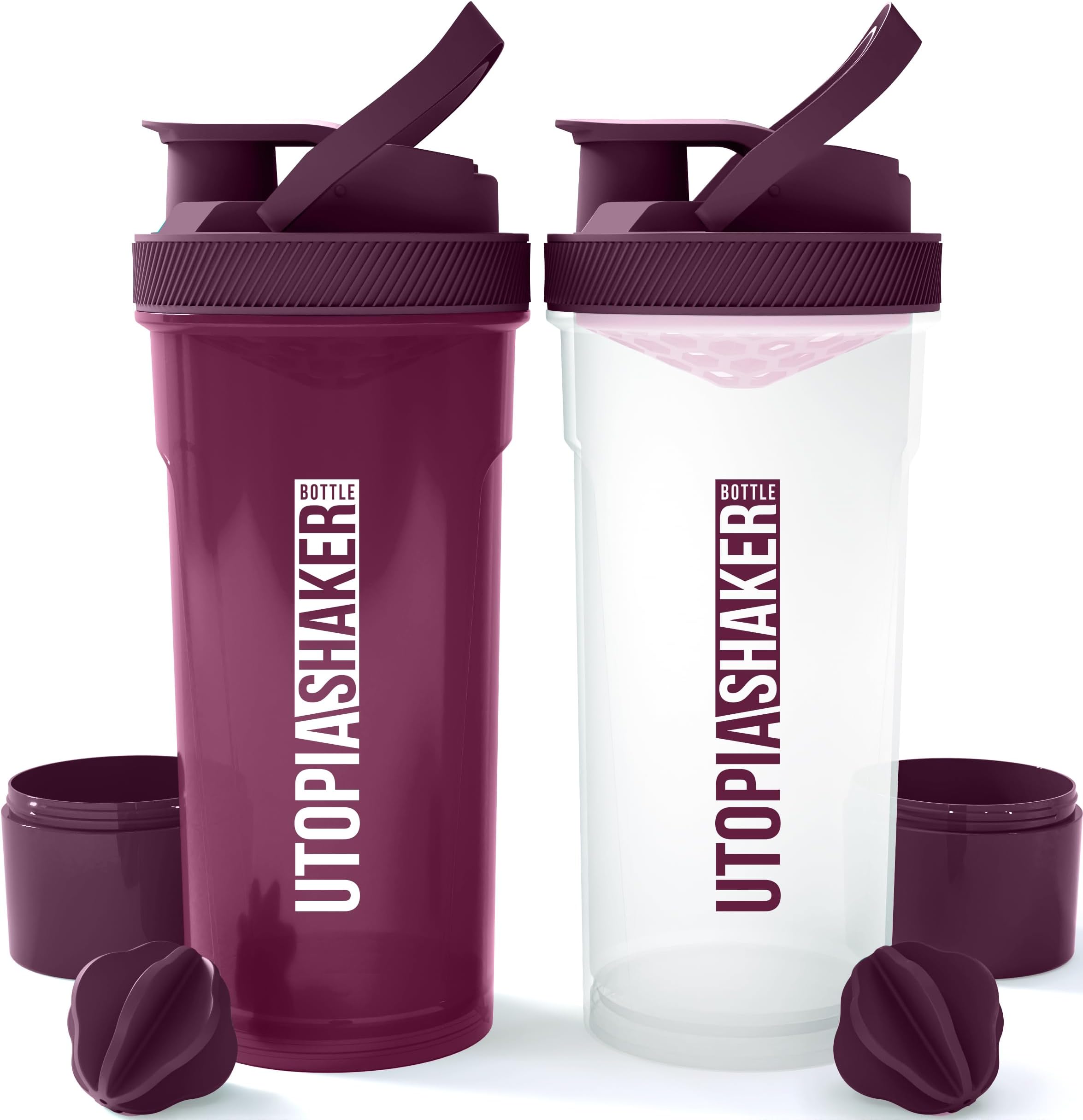 Utopia Home2-Pack Shaker Bottle - 24 Ounce Protein Shaker Bottle for Pre & Post workout with Twist and Lock Protein Box Storage (All Plum & Clear/Plum)