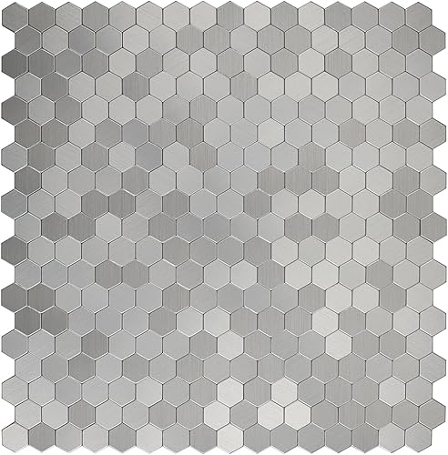 Azulejo hexagonal de acero inoxidable para despegar y pegar, azulejos de pared autoadhesivos de aluminio para cocina, baño, chimenea (6 hojas)