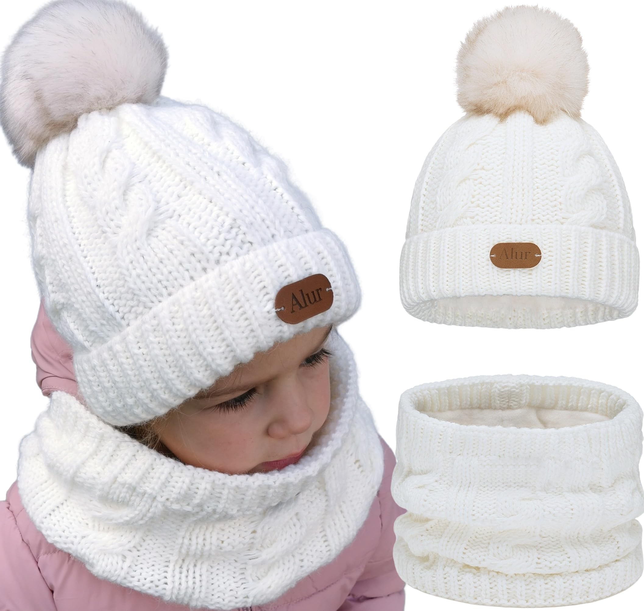Alur Gorro Invierno Niña y Niño con Bufanda Bebe Cálido - Universal Conjunto Gorro con Pompon y Bufanda Unisex - Suave Gorro y Bufanda de Punto para Niña y Niño (A1)