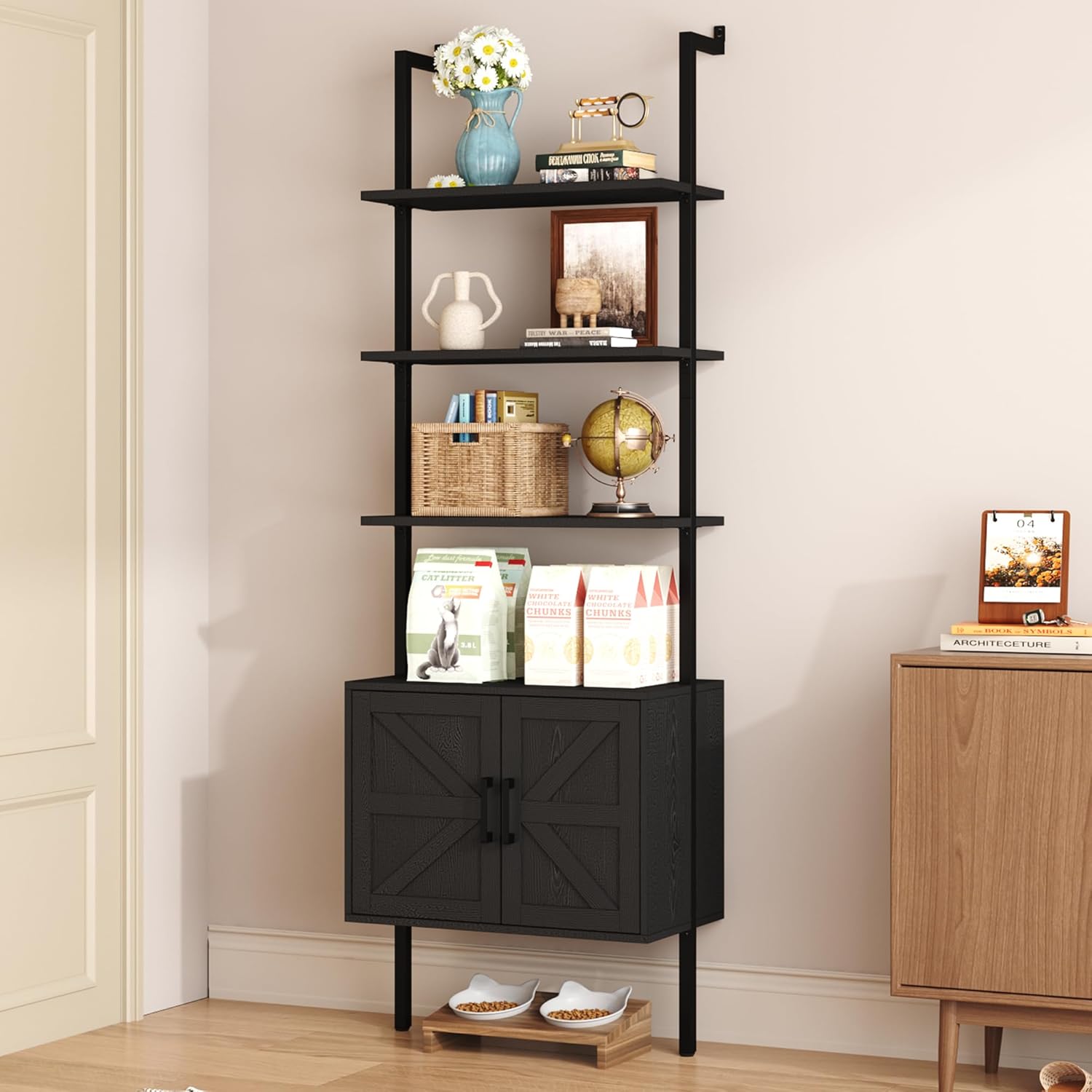 Yusong 73" Tall Bookshelf with Cabinet, Industrial Ladder Wall Mount Shelf Farmhouse Bookcase with Wood and Metal Frame, Plant Shelf Wall Storage Display for Living Room Bedroom, Farmhouse Black