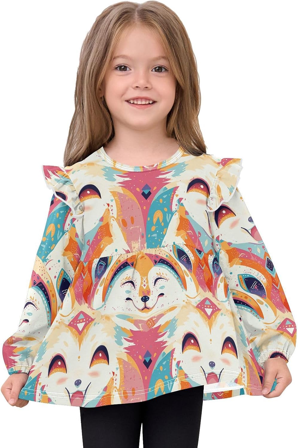 visesunny Toddler Clothes for Girls Laugh Corsac Fox Long Sleeve Fall Shirts Cotton Top with Ruffle Collar