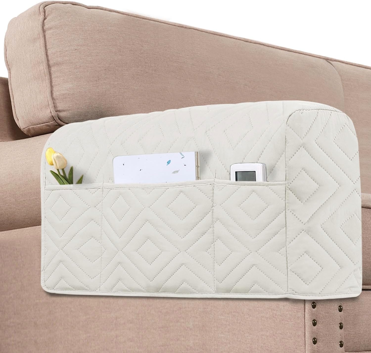 H.VERSAILTEX Armrest Covers for Sofa Water Resistant Couch Arm Covers Remote Control Holder Sofa Armrest Organizer for Magazine, Tablet, Phone, iPad(Set of 2, Ivory/Beige)