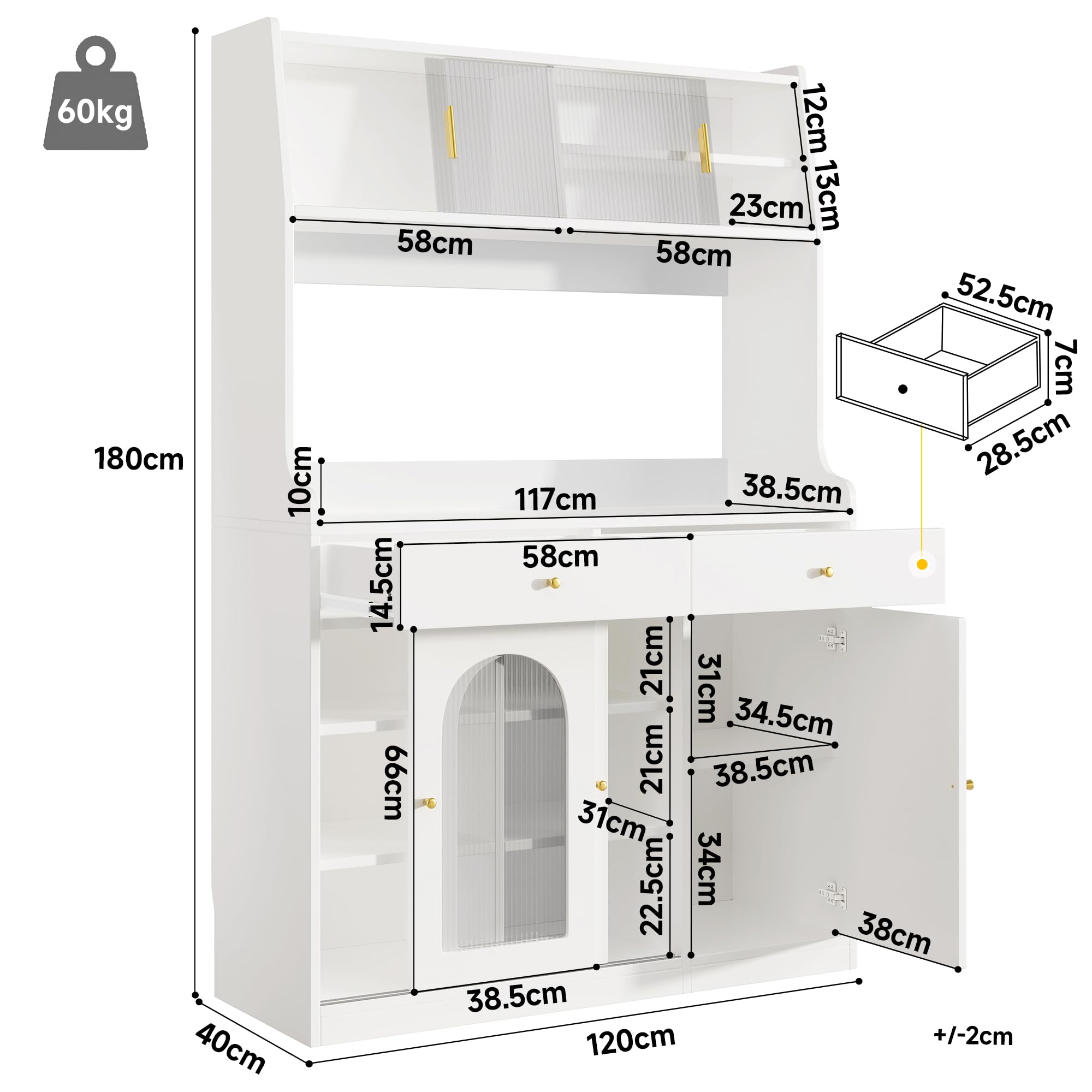Armadio alto a buffet con ripiani regolabili, armadio da cucina con 2 cassetti, credenza con illuminazione a LED, colori luce variabili, 120 x 40 x 180 cm (bianco)