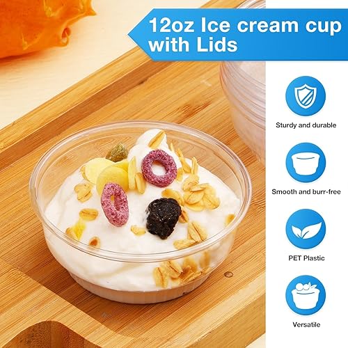 Miniatura 3 de Vasos de plástico de 12 onzas con tapas de cúpula, juego de 50 vasos de frutas desechables con tapas, vasos de cristal PET para frutas, helados,
