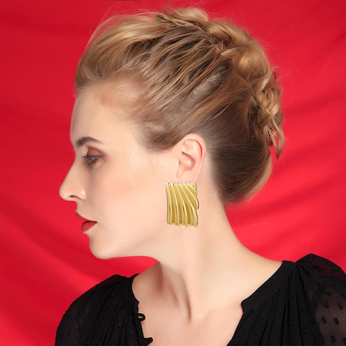 Minimalist Alloy Chunky Striped Rectangle Geometric Square Statement Stud Earrings for Women Jewelry