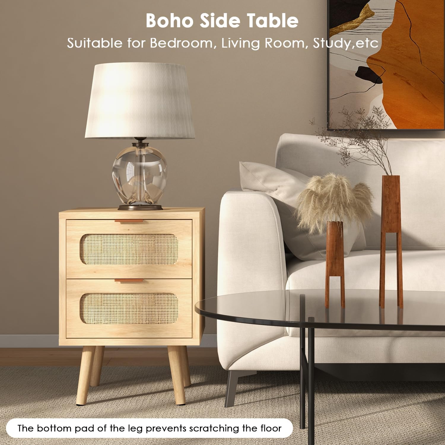 Rattan Nightstand Set of 2, Small Night Stand Bedside Table, Mid Century Modern Nightstand with 2 Drawer, Boho Natural Wood Side Table for Bedroom, Small Space, Light Oak