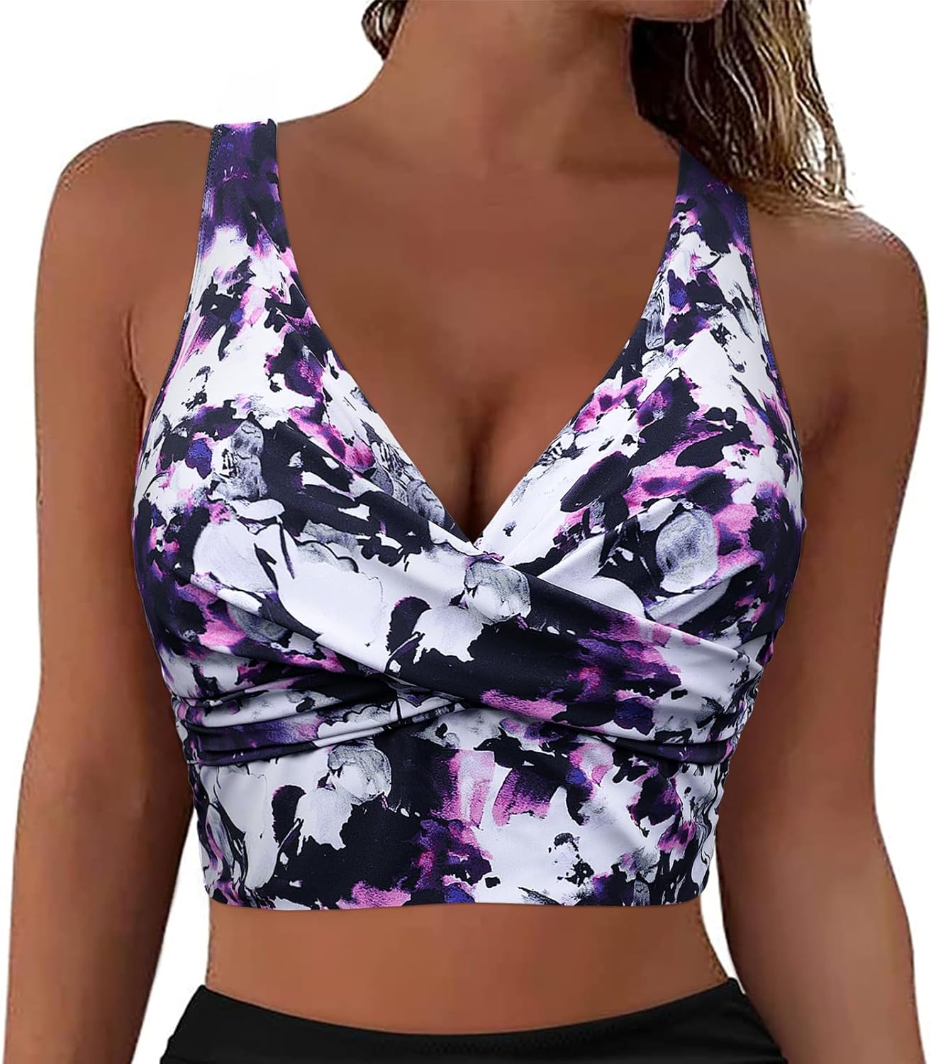 Firpearl Women's Underwire Bikini Tops Only - Longline Swimsuit Top Criss Cross Push Up Swim Crop Top