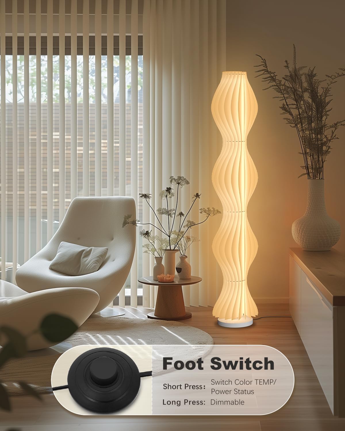 TACAHE Wave Skirt Floor Lamp - 3 Color Temp & Dimmable - Column Standing Floor Lamp with Foot Switch & Remote - 21 Sheets Lampshade - Modern Ambient Light for Living Room - 30W - 66"