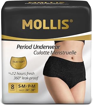 MOLLIS Disposable Period Pants for Women Heavy Flow, Maternity Pads & Postpartum Underwear, Incontinence Knickers Leak Proof, Black, Small/Medium, 8 Count