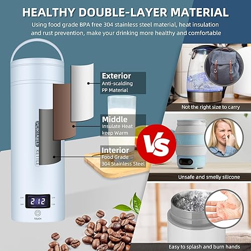 Miniatura 5 de Hervidor eléctrico de viaje, portátil, pequeño, hervidor de agua, calentador de agua con 4 controles de temperatura, acero inoxidable 304 con