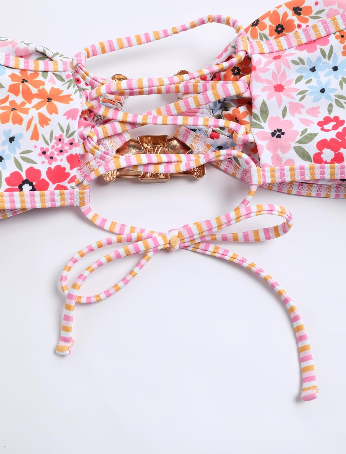 ZAFUL Women's Bandeau Bikini Shiny Metal Ring Decor Lace Up Tied Side High Cut Strapless Swimsuit