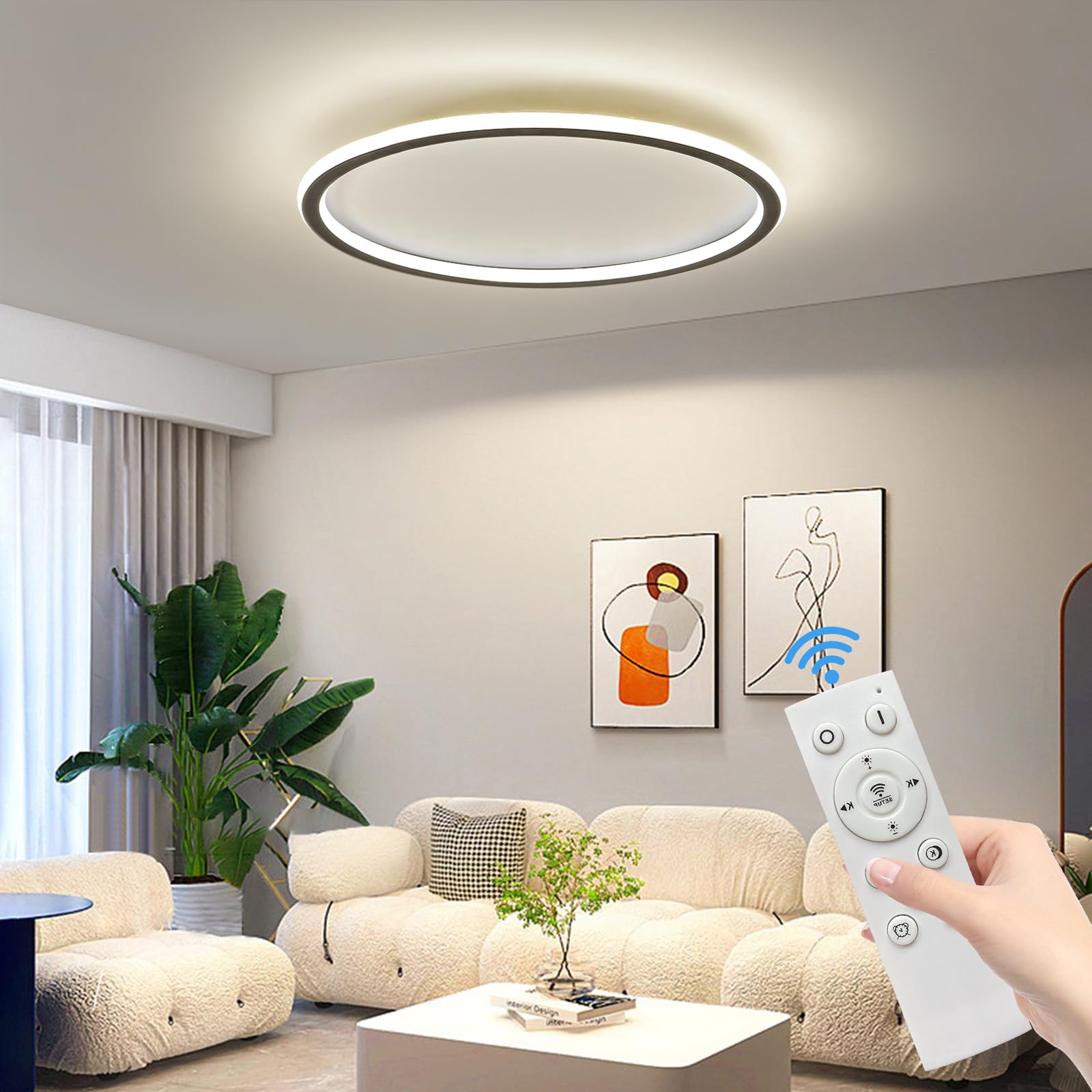 Mikeru LED Deckenleuchte 40 cm Rund ⌀ - Moderne dimmbare Deckenlampe mit Fernbedienung (3000K-6000K) - Schwarz Acryl für Wohnzimmer, Schlafzimmer, Küche, Esszimmer - Energieeffiziente LED Beleuchtung