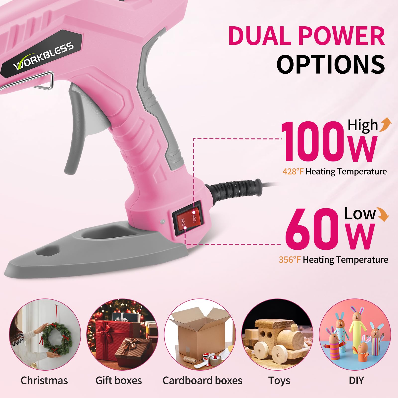 WorkBless - Pistola de pegamento caliente rosa, pistola de pegamento de doble temperatura 60 W/100 W, pistola de pegamento resistente y de calentamiento rápido con 20 barras de pegamento de