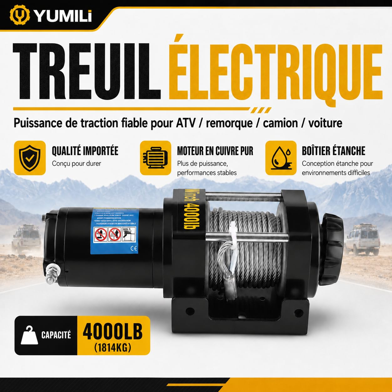 Treuil Électrique 12 V, 4000 lb/1814 kg Kit de Treuil de Récupération Électrique IP67, Câble en Acier 4.8 mm*15 m avec Télécommande sans Fil, pour UTV/ATV, Remorques de Bateaux, Dépannage Tout-Terrain