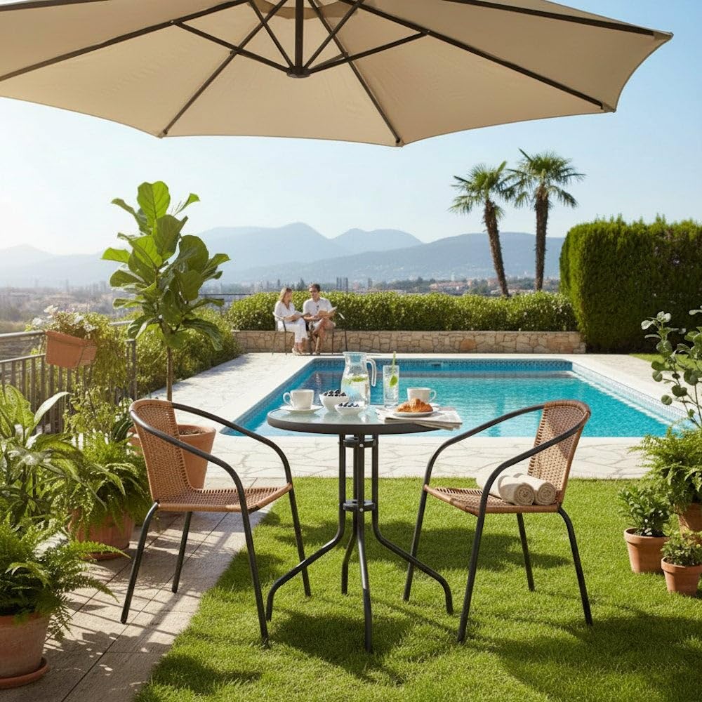 LOLAhome Mesa de jardín de Acero y Cristal Templado | De Ø 60 cm | Pintuta Color Antracita con epoxi Anticorrosión | Resistente y Duradera | Balcón, Terraza o Jardín | Trivia