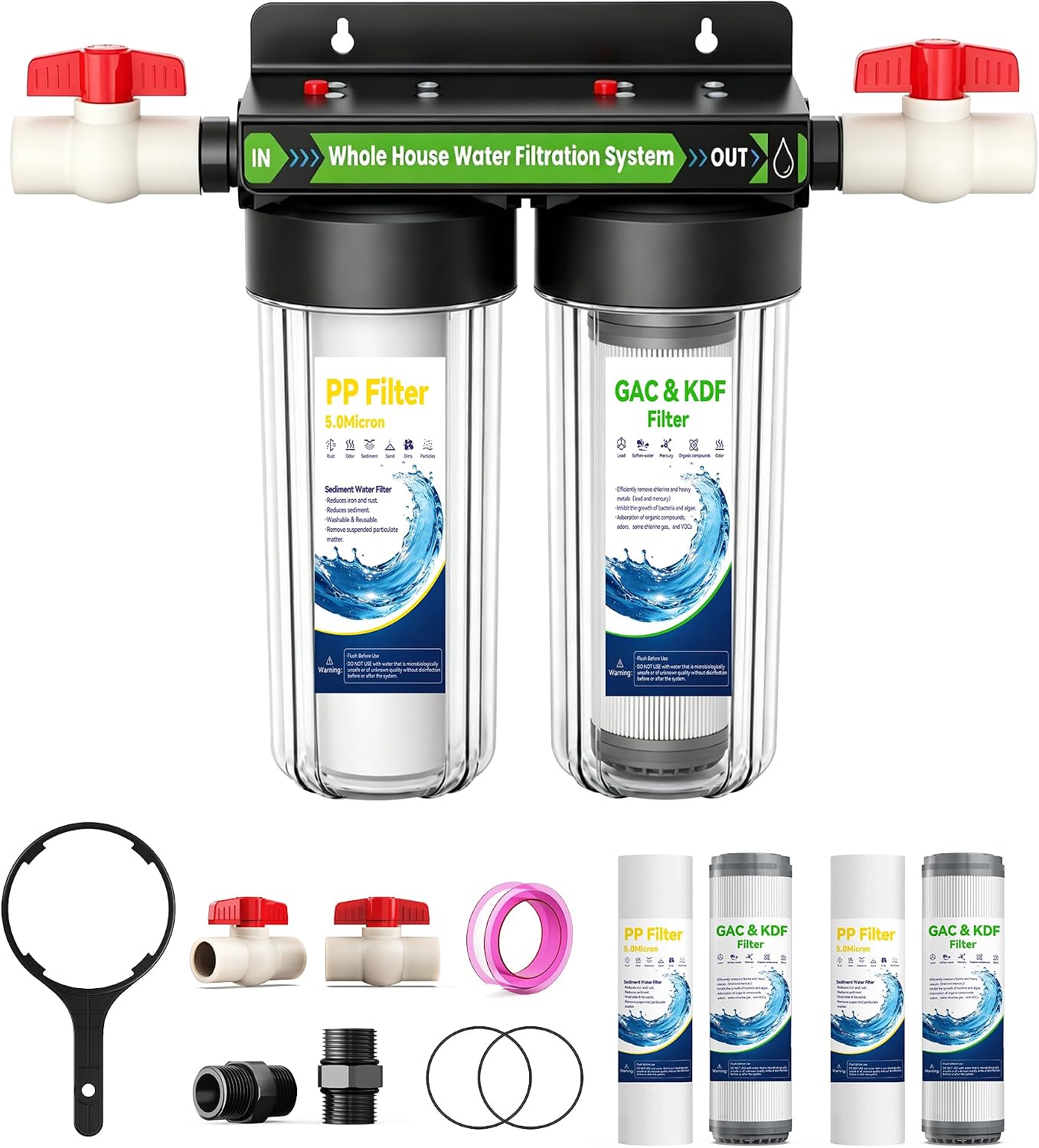 2 Stage Whole House Water Filter System with 3 Sets of Filters, 10"x2.5"