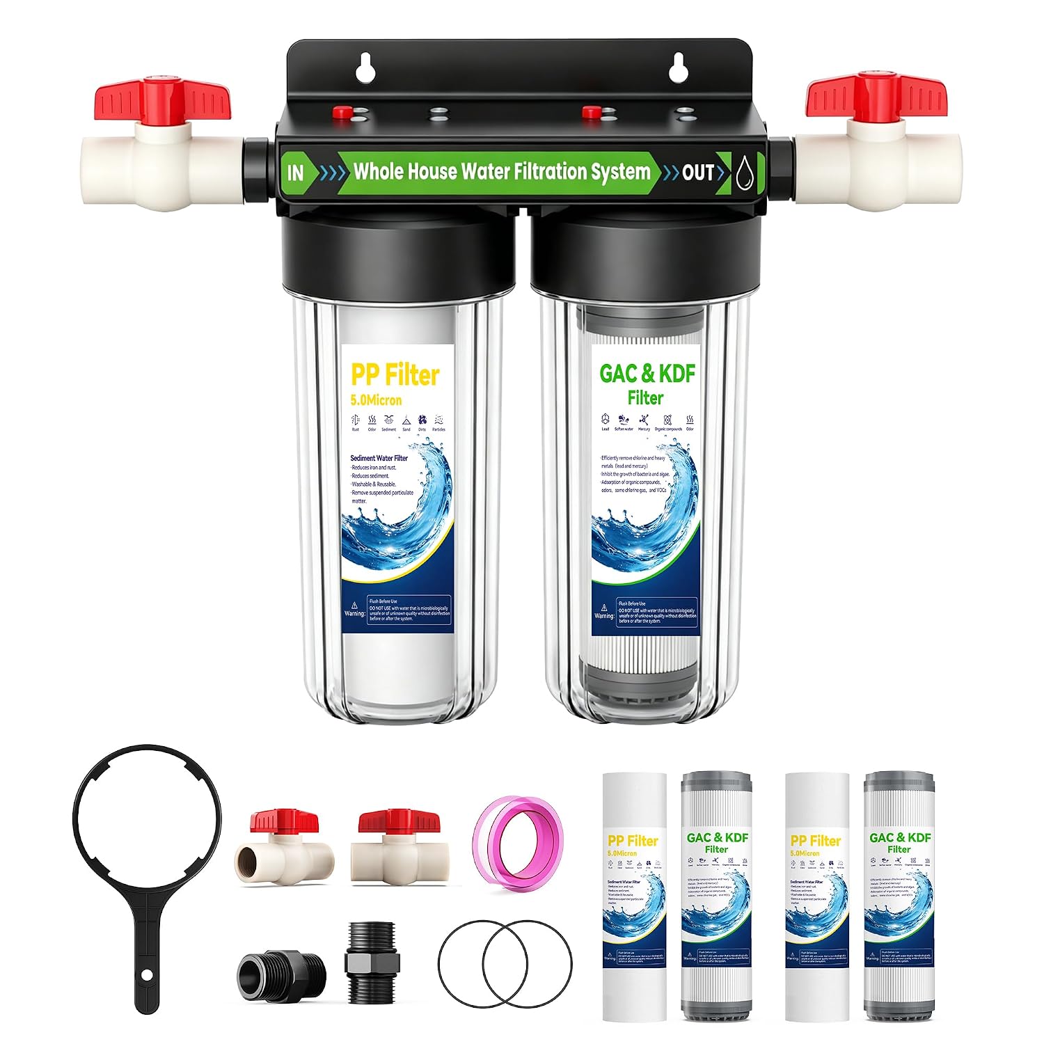 2 Stage Whole House Water Filter System, Extra 2 Sets Filter, Home Water Filter System, Highly Reduces Heavy Metal, Chlorine Oder, Taste, Rust, Clear Housing, 10"x2.5",3/4" Ports with 2 Valves