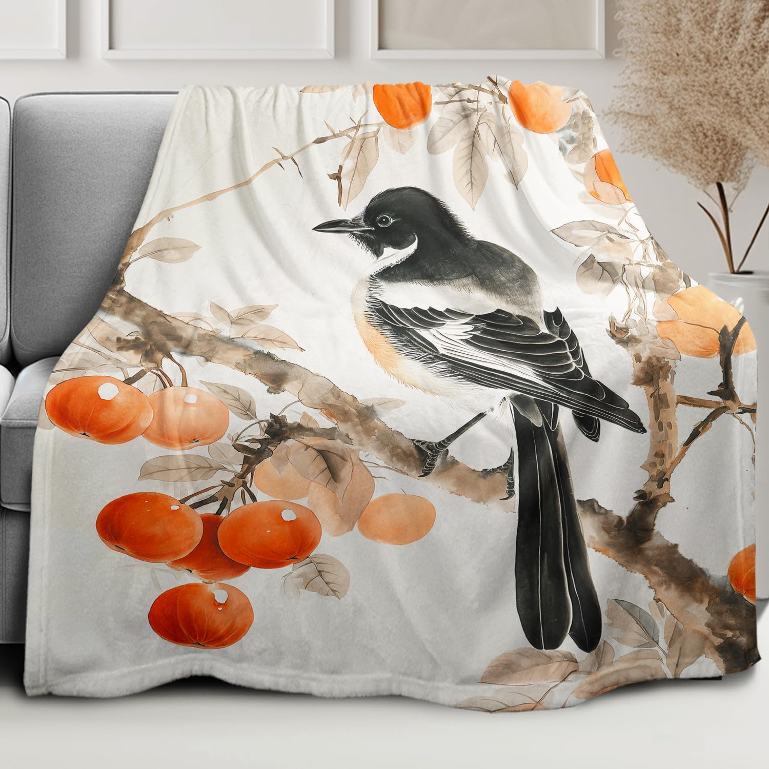 Persimmons & Magpie Blanket, Traditional Art Home Decor, Super Soft Fleece Throw Blankets for Couch Sofa Bed, 40" x 50"