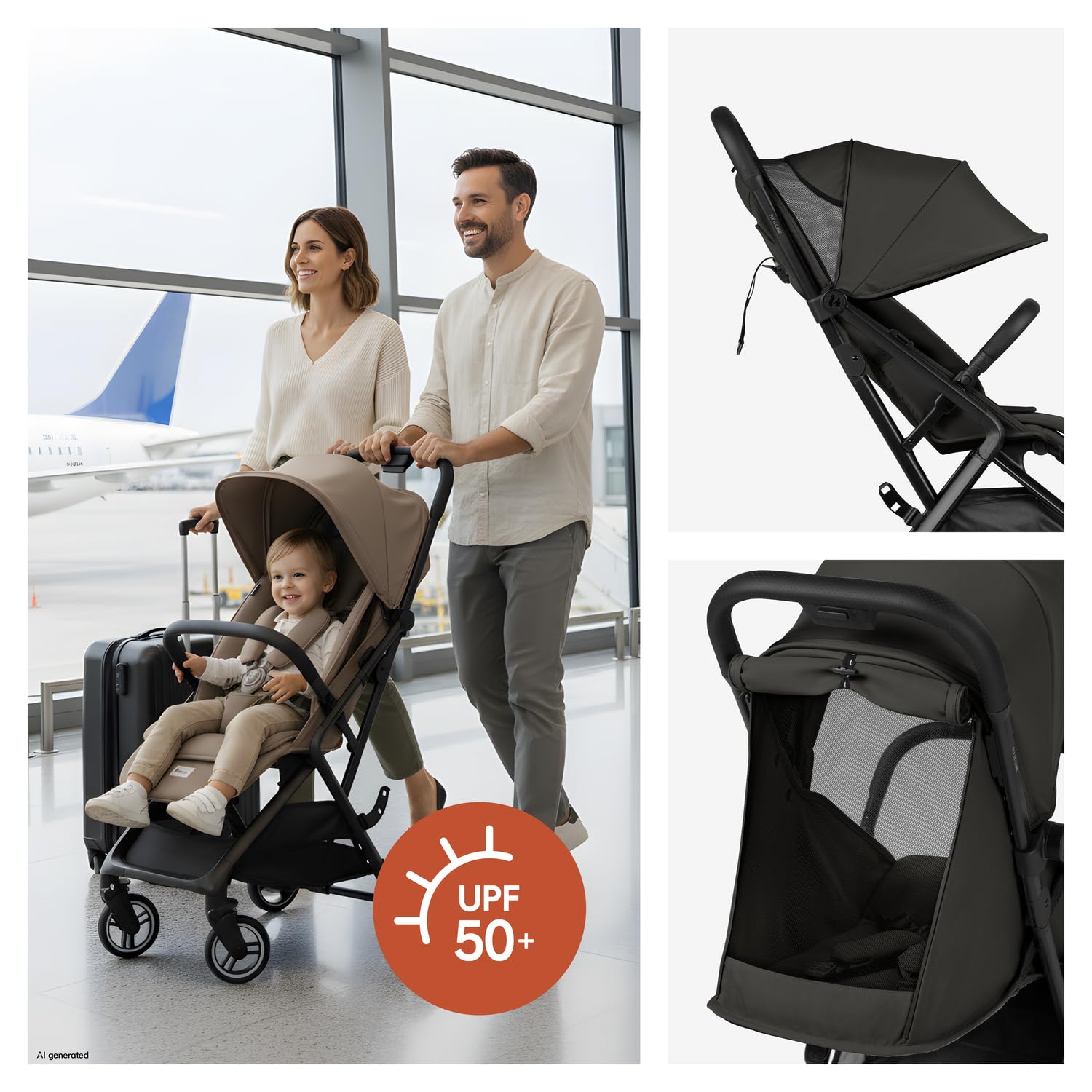 Hauck Fly N Care, Black - Ultra Compact & Light Travel Pushchair (7.5kg) with One Hand Fold, Carry Strap & Bag, Seat Liner, Car Seat Adapter, UPF 50+ Sun Canopy, Fully Reclining from Birth to 22 kg — view 6
