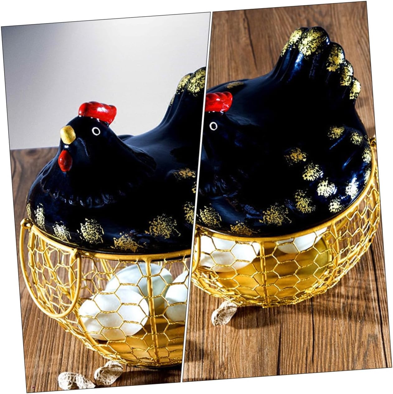 Decorative Metal Egg Basket with Black Chicken Lid and Gold Wire Frame, Kitchen Egg Holder and Food Storage Organizer for Home Countertop and Pantry Use