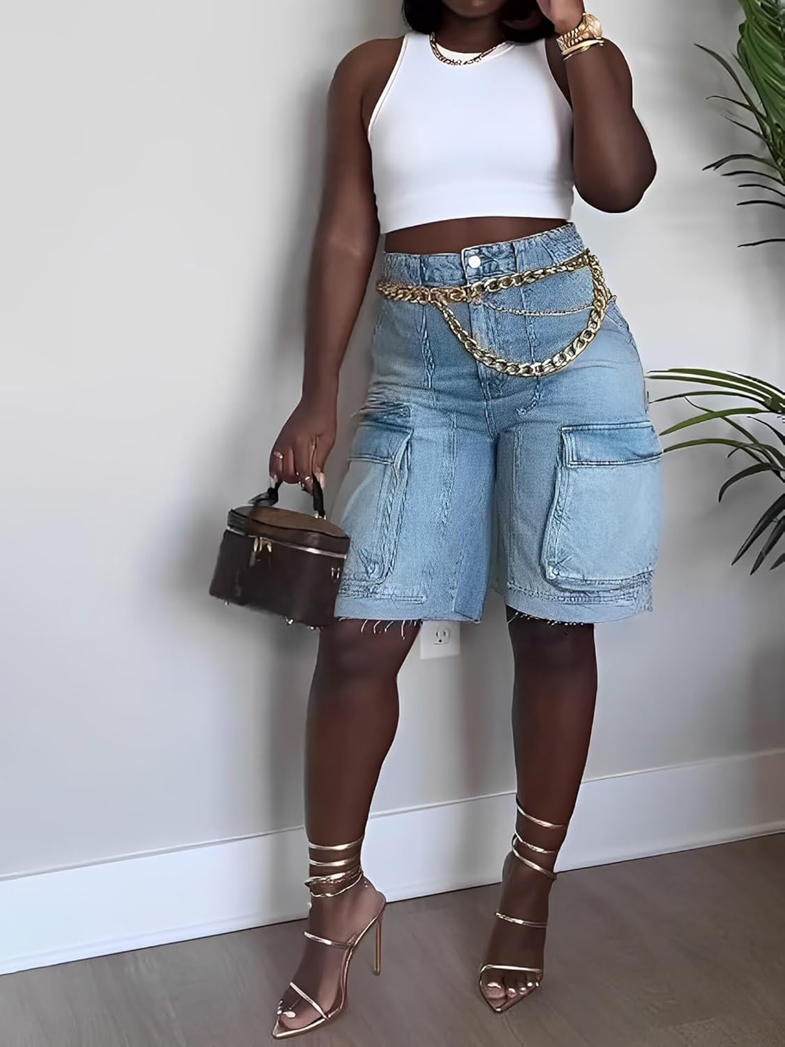 Denim Cargo Shorts High Waisted Baggy Jean Shorts with Pockets Wide Leg Streetwear for Women - Image 3