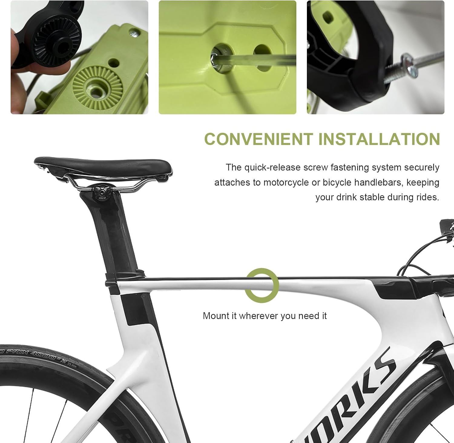 Adaptive Cycling Cup Holder, 360° Rotating Motorcycle Drink Holder with Automatic Clamping, 1.3-3.0 inch Adjustable Handlebar Water Bottle Cage for Bicycle Motorcycle ATV (Green) image 4